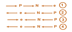 بروتون و إلكترون ونيترون على خط واحد، عند أي شكل يكون اتجاه خطوط المجال الكهربائي صحيح؟